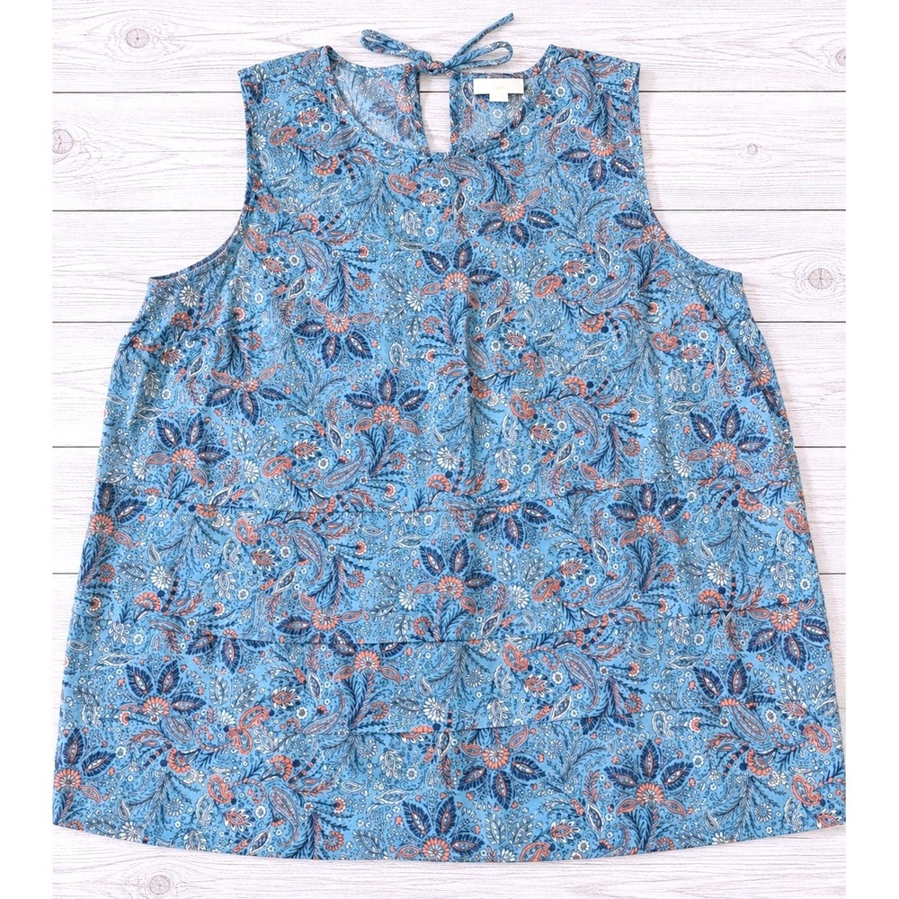 J.Jill Sleeveless Tiered Paisley Floral Boho Cotton Tank Top Blue Orange Large